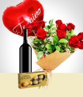 - Combo Inspiracin: Bouquet de 12 Rosas + Globo + Vino + Chocolates