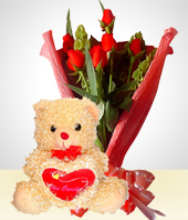 Aniversarios - Combo Romance: Bouquet de 6 rosas +Peluche