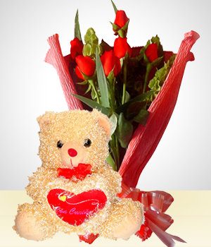 Flores a Repblica Dominicana Combo Romance: Bouquet de 6 rosas +Peluche