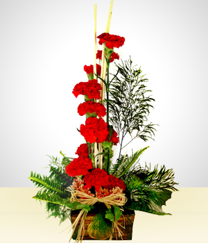 Flores a  Insaciable: 12 Claveles Rojos en Base Rústica