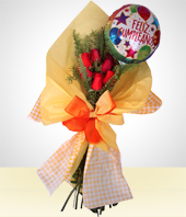 Bouquet - Detalle de Cumpleaños: Bouquet 6 Rosas con Globo Feliz Cumpleaños