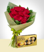 Flores :  - Combo Tradición: 12 Rosas + Chocolates Ferrero Rocher