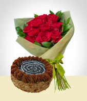 Pasteles y Chocolates - Combo Exquisitez: Pastel 12 personas + Bouquet 12 Rosas