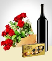 Más Regalos - Combo Elegancia: Bouquet de 12 Rosas + Vino + Chocolates