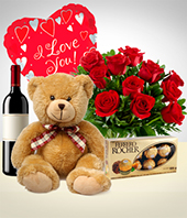 Regalos para hombres - Combo Amor Total: 12 Rosas + Peluche + Globo + Rosas + Vino