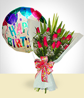 Rosas - Combo de Cumpleaños: Bouquet de 12 Rosas + Globo Feliz Cumpleaños