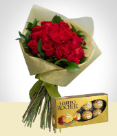 Rosas - Deseos de Amor: Bouquet de 24 Rosas y Caja de Chocolates